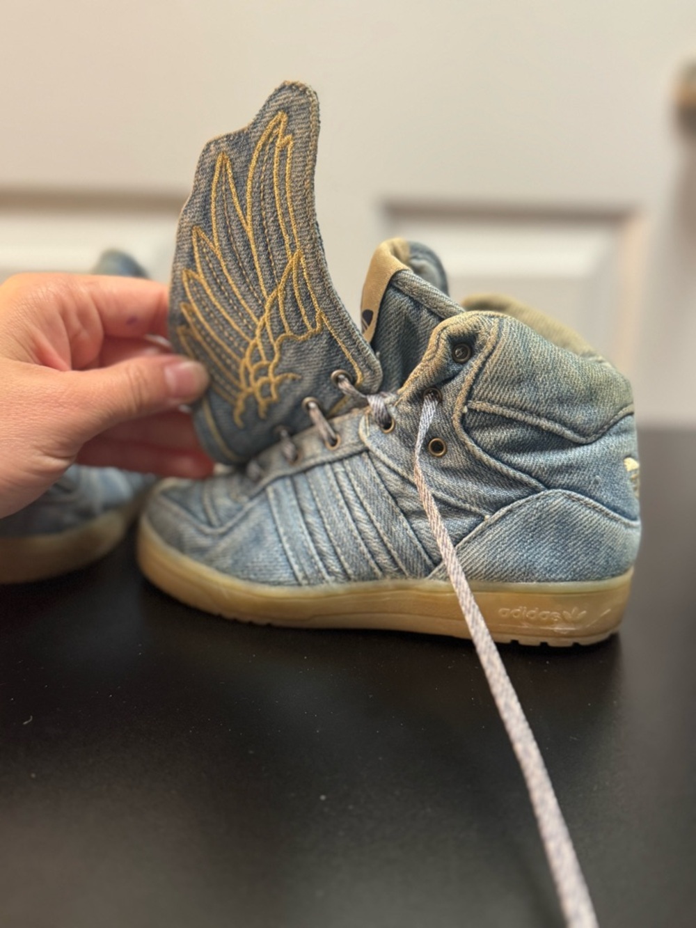 Jeremy Scott x Adidas Kids Denim High-Top Sneakers with Gold Wing Embroidery - Picture 12 of 12